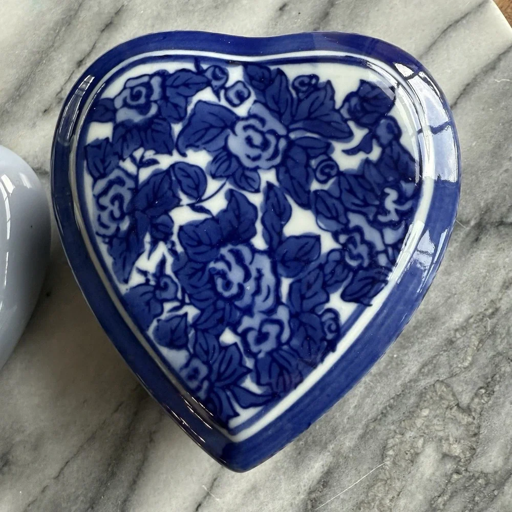 Pair Of Blue Heart Shaped Trinket Dishes One Like Flow Blue/Lid, One With Birds